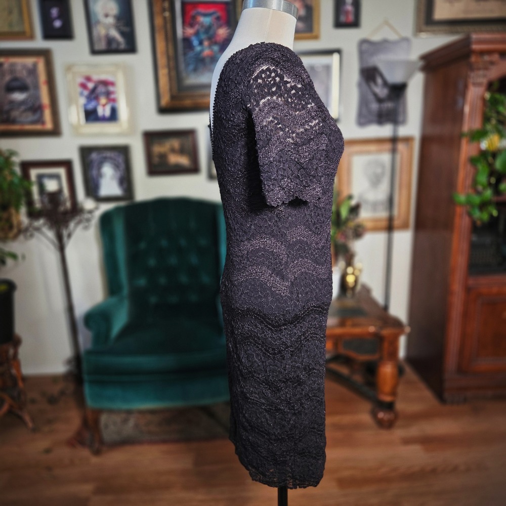 Vintage 80s Black Lace Bodycon Cocktail Dress Short‎ Sleeve V-Back Beaded Trim - Picture 6 of 7